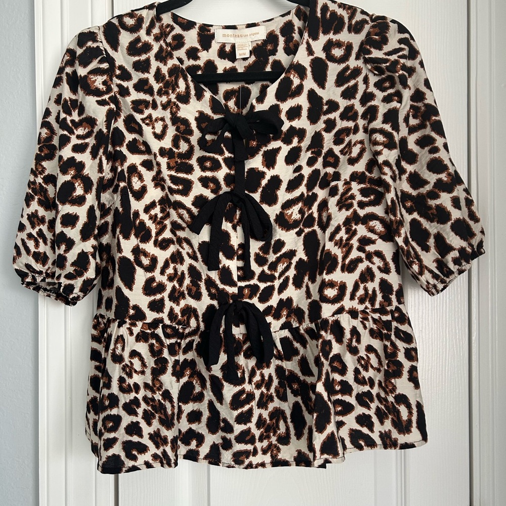 Monteau Leopard Print Blouse with Black Bow Details